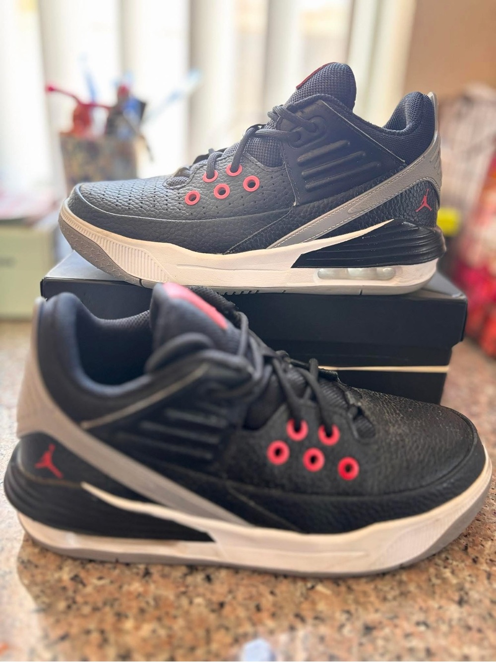 Jordan Men's Black Sneakers with Red Eyelets and Gray Accents